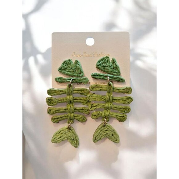 Green Rope Boho Chich Dead Fish Bones Drop Earrings Summertime Fashion Jewelry - Picture 1 of 2